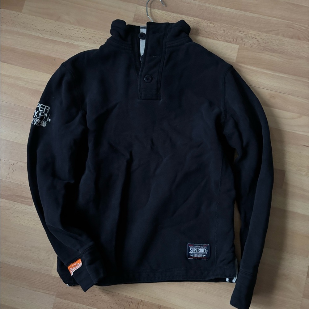 SUPERDRY Athletics Japan Pullover Sweatshirt Women Sz Medium Black Three Buttons